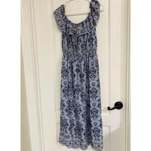 Max Studio Off‎ The Shoulder Ruffle Maxi Dress Blue White Paisley Print Medium